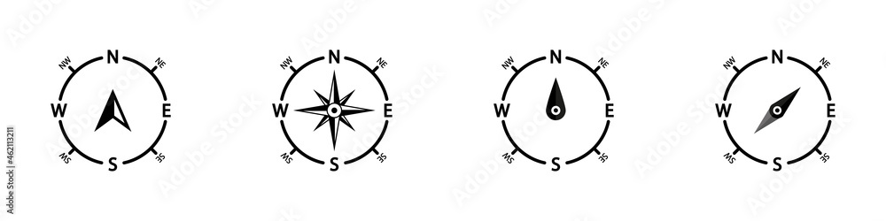 Conjunto de icono de brújula. Concepto de orientación y ubicación. Ilustración vectorial Conjunto de icono de brújula. Concepto de orientación y ubicación. Ilustración vectorial