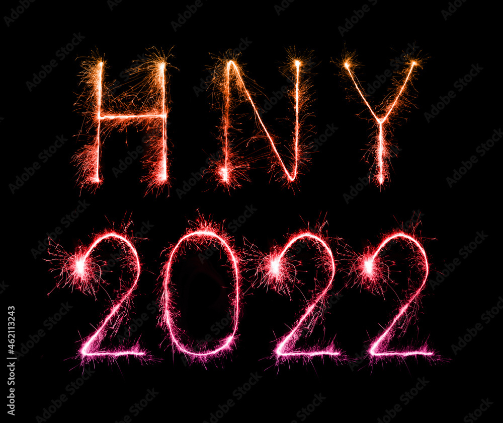 2022 happy new year fireworks (HNY) written sparkling at night
