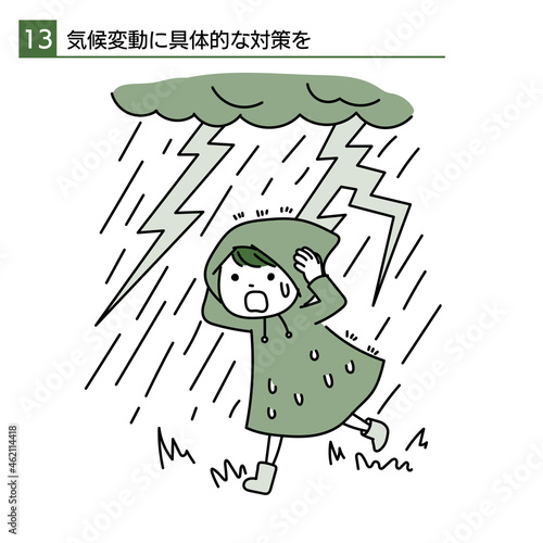 カッパを着て大雨の中を走るシンプルなSDGsのイラスト　気候変動に具体的な対策を