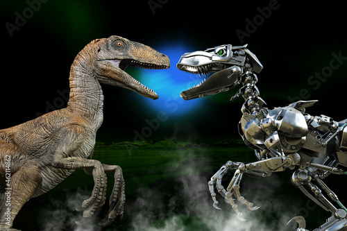 白亜紀前期の恐竜デイノニクスと未来のロボットデイノニクスが宇宙の星で顔をつきあわせて吠えている © iARTS_stock