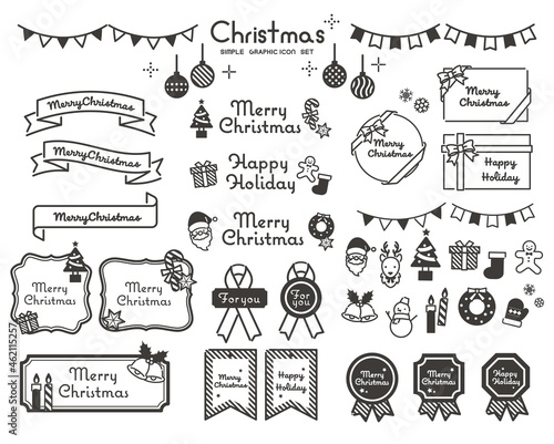 シンプルでかわいいクリスマスのフレームベクターイラスト素材／枠／リボン／文字あり／モノクロ