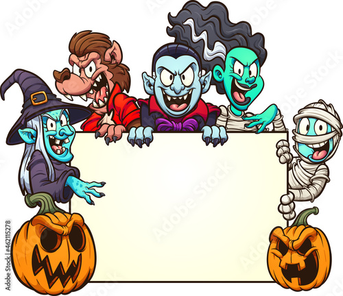 Halloween cartoon character around a white board. Vector clip art illustration with simple gradients. Some elements on separate layers.
