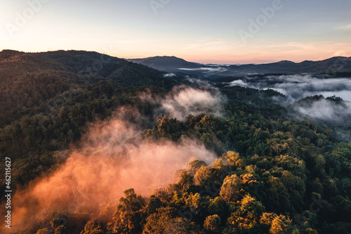 Mountains and trees at a rural village, high angle in the morning © artrachen