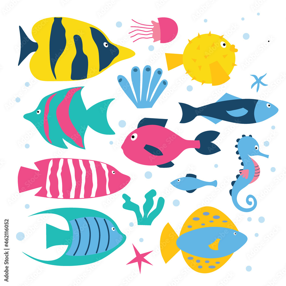 Fototapeta premium Set of sea fish, corals and algae. Isolated white background. Set from flat illustration.