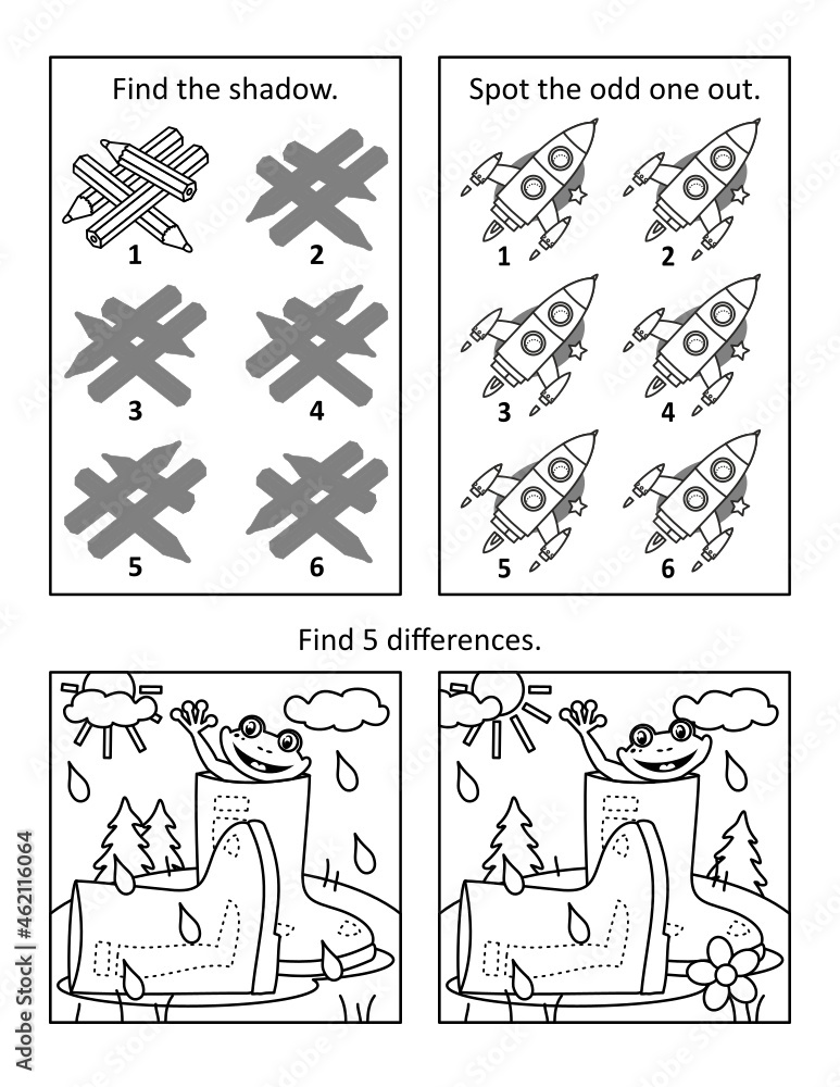 Obraz premium Puzzle page with 3 visual puzzles or picture riddles. Shadow game, odd one out, find differences. Pencils, rockets, gumboots, frog. Black and white. Letter sized.