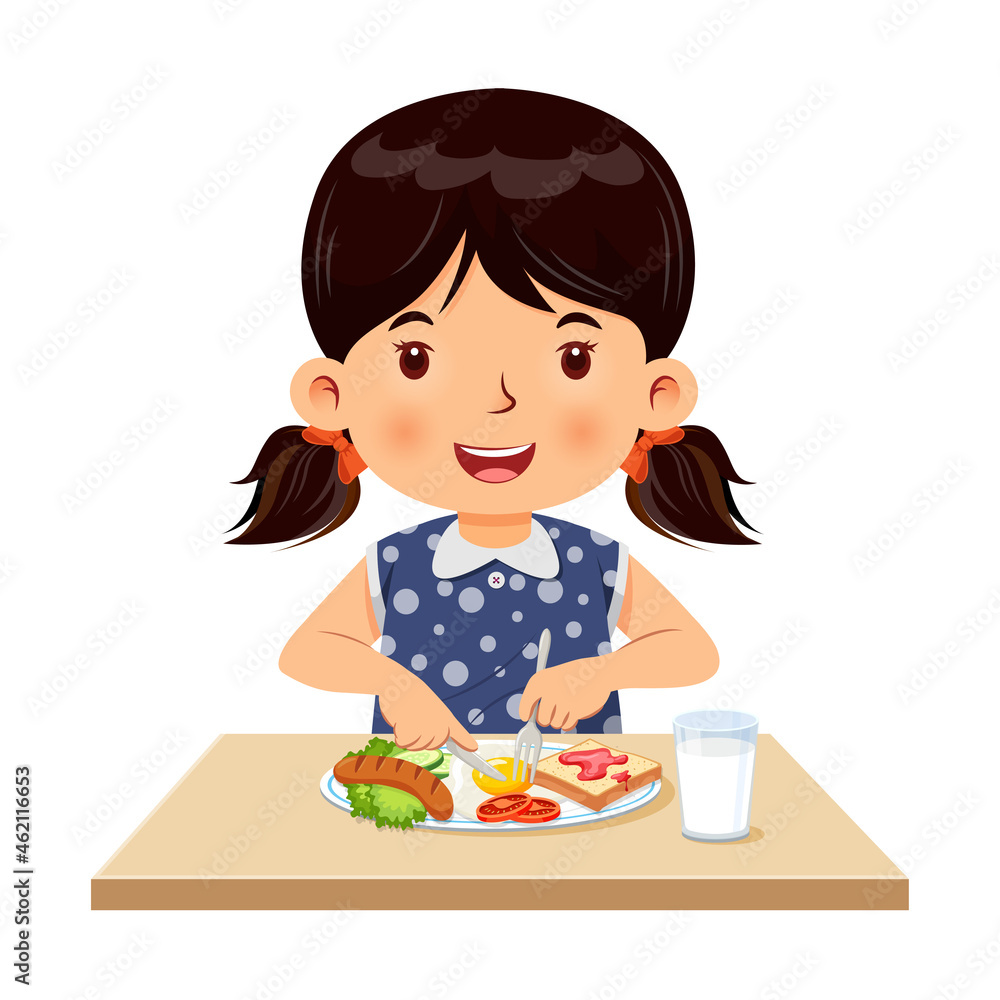 Little girl happy to eating breakfast. Vector illustration Little girl happy to eating breakfast. Vector illustration