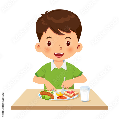 Little boy happy to eating breakfast. Vector illustration