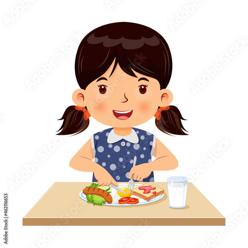 Little girl happy to eating breakfast. Vector illustration