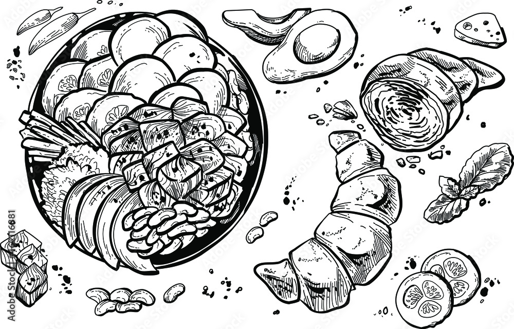 Black and white hand drawn illustration of food