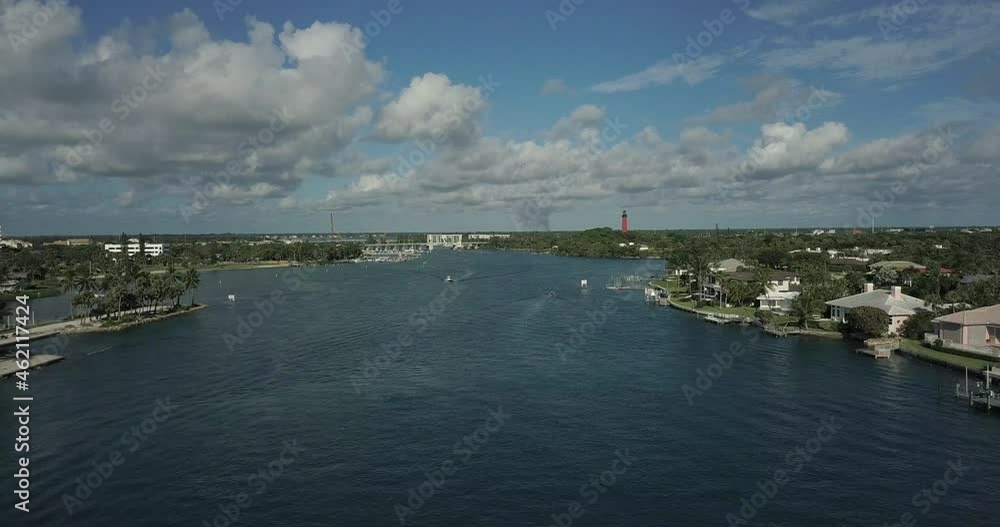 Drone Over Jupiter Inlet towards Lighthouse in South Florida Drone Over Jupiter Inlet towards Lighthouse in South Florida