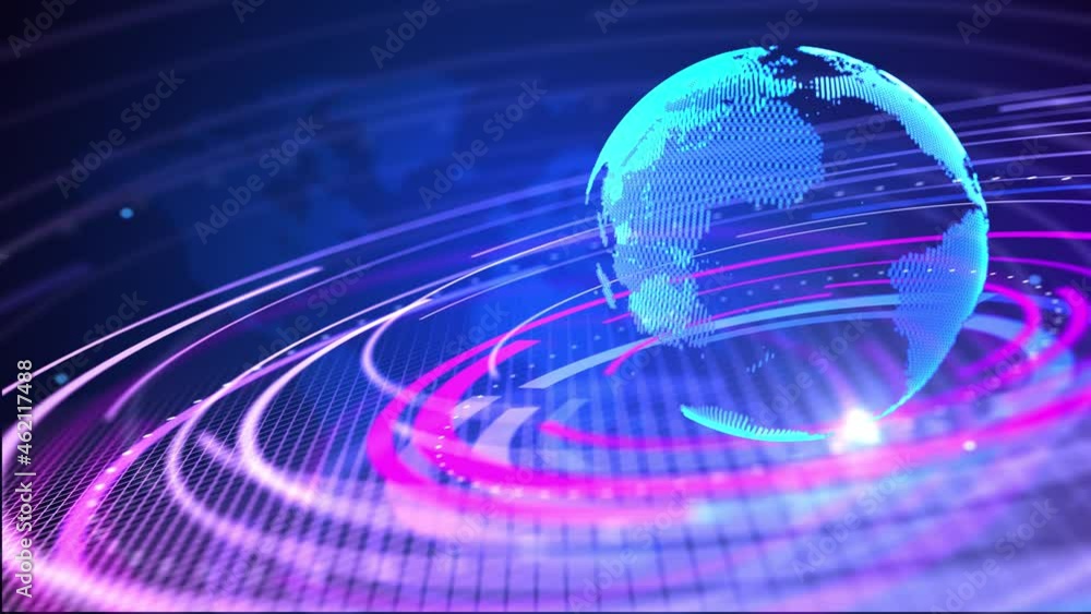 Graphical Modern Digital World News Studio Loop Background, Abstract Digital World Breaking news live on world map. screen saver on breaking news report and breaking news on world live report
