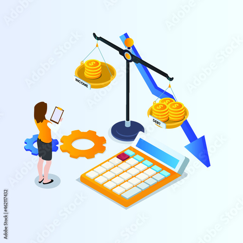 Woman having more debt than income 3d isometric vector illustration concept for banner, website, landing page, ads, flyer template