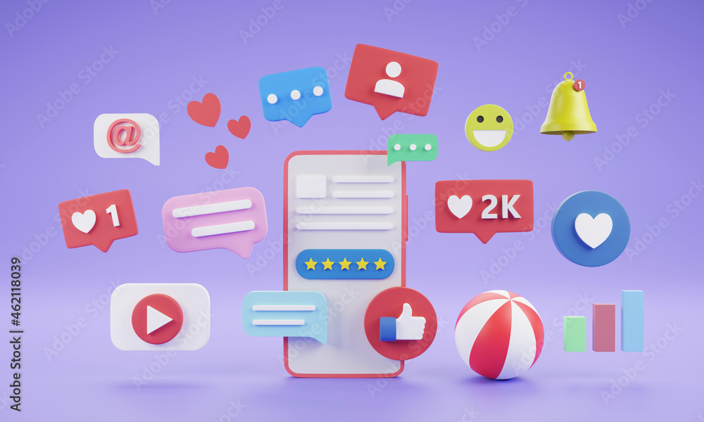 3D Social media platform, online social communication applications concept, emoji, webpage, search icons, chat and chart with smartphone background. 3d illustration
