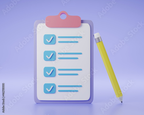 White clipboard with checklist on purple background. 3d render illustration.