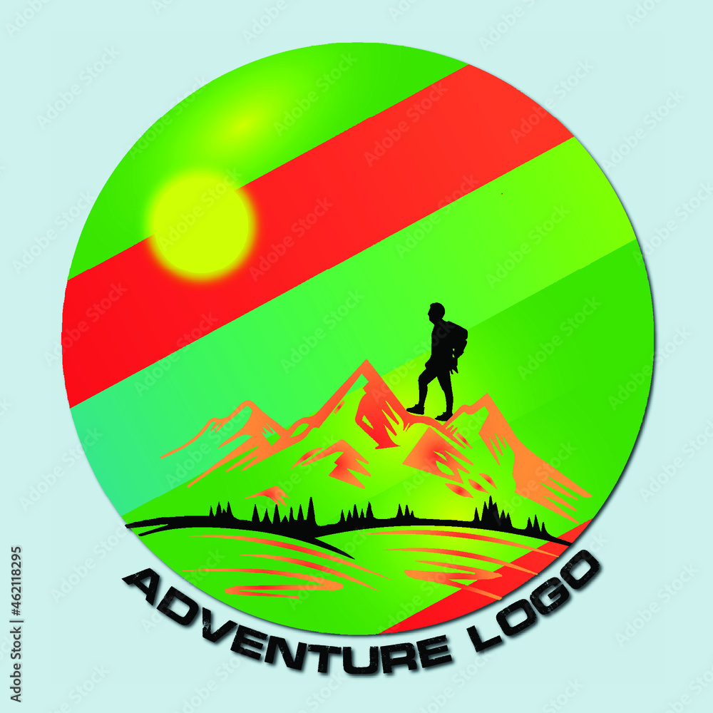Mountain travel man retro emblem. man on mountain peak logo Mountain travel man retro emblem. man on mountain peak logo