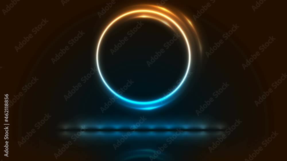 Glowing blue orange round neon sign with reflection. Abstract technology background. Futuristic luminous motion design. Seamless looping. Video animation Ultra HD 4K 3840x2160 Glowing blue orange round neon sign with reflection. Abstract technology background. Futuristic luminous motion design. Seamless looping. Video animation Ultra HD 4K 3840x2160
