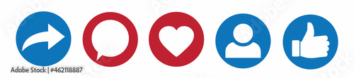Social media icons thumb up and heart icon with repost and comment. Flat signs icons on white background. Vector