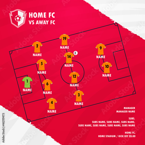 Football, soccer match lineups formation infographic template. Set of football player position on soccer field for starting list. Football kit, soccer jersey icon in flat design. Vector Illustration.