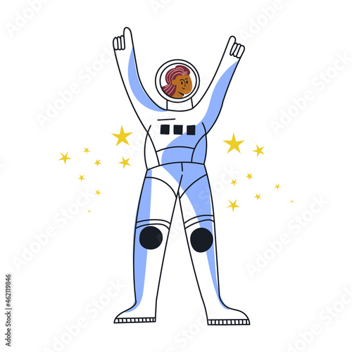 Astronaut woman in spacesuit and helmet flat vector illustration. Girl cosmonaut character. Female tourist travel in cosmos. Astronaut cartoon people isolated on white background, poster design