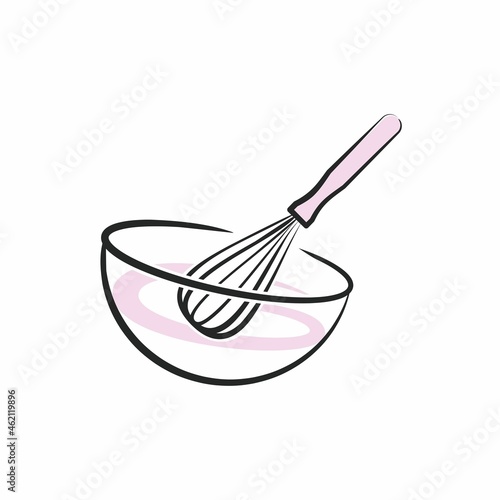 Confectionery tools. Vector illustration. Logo for the pastry chef. Pastry whisk and bowl. photo