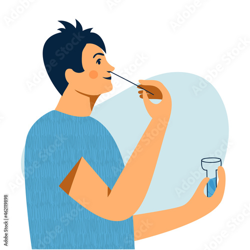 Covid nasal pcr swab rapid self test. Young boy using antigen test kit with self-administered swab. Quick antibodies exam. Teennager taking smear COVID-19 test himself. Flat vector illustration