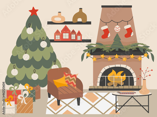Cozy Christmas living room with Christmas tree, fireplace and Scandinavian style armchair. New Year decorations, garlands, socks and gifts in the room. Vector illustration in a flat style.