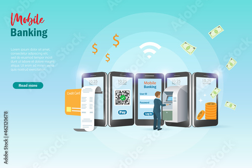 Online internet banking application on smart phone, mobile banking and e payment. People log in app withdraw money on ATM, QR code payment and doing financial transaction on smartphone screen.