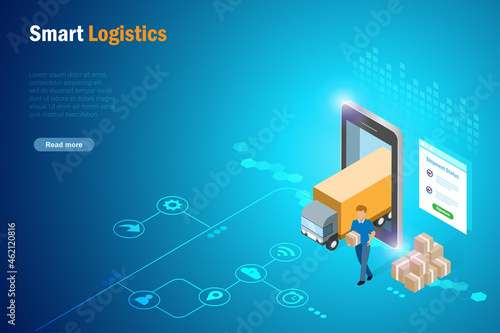Delivery man holding carton box with transporation truck from smart phone screen. Smart logistics and supply chain distribution, transportation technology and online shipment tracking concept.