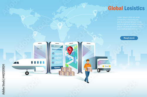 Global online smart logistics. Delivery airplane and truck on smart phone screen deliver shipment with GPS location map and tracking status. Global logistic and transportation technology concept