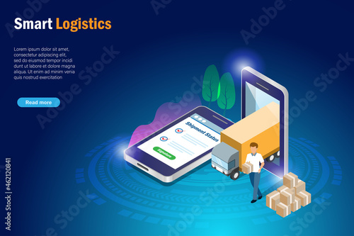 Online smart logistics. Delivery truck and shipment tracking status on smart phone screen. Global transportation logistics and delivery technology concept. 3D Isometric vector.