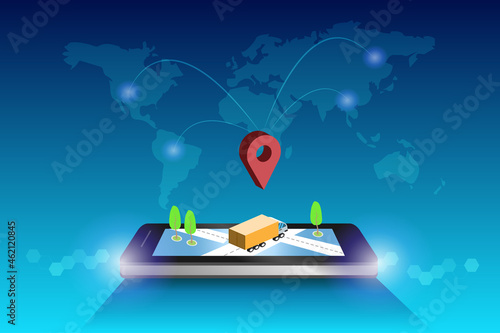 Global smart logistics. Delivery truck with GPS online tracking location on smartphone and world map background. Logistics and supply chain distribution, transportation technology concept.