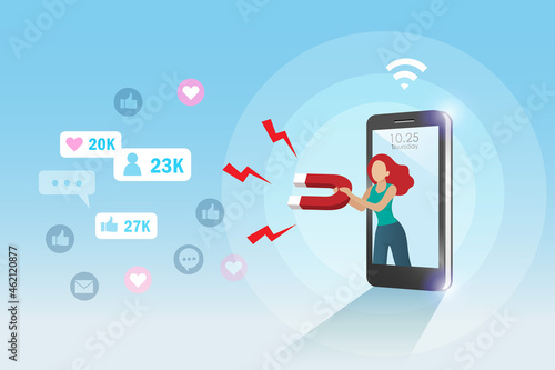 Social media marketing attraction, acquisition and retention strategy. Woman holding magnet on smart phone attracting people love, like, comment and followers.