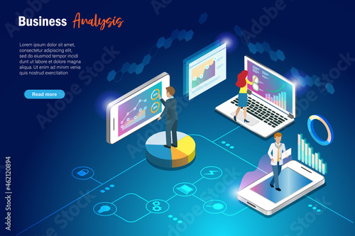 Business man and woman analysing virtual growth graph revenue and profit charts on computer and smart phone. Intelligent digital technology develops smart decision for business planning solution.