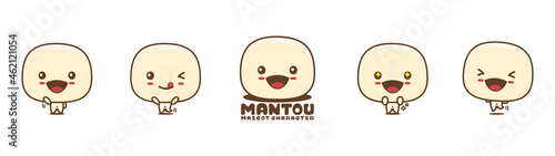 cute mantou mascot, chinese steamed bun food vector illustration, with different facial expressions and poses