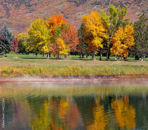 Fototapeta Naklejka Na Ścianę i Meble -  Colorful trees during autumn time along the lake shore with tree reflections in the lake