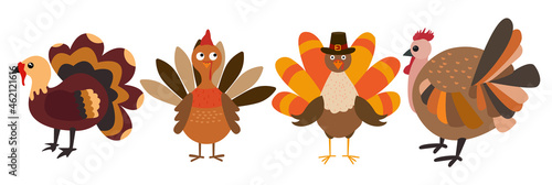 Four cartoon thanksgiving turkeys in a pilgrim hats on white background