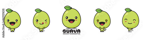 cute guava cartoon mascot, fruit vector illustration, with different facial expressions and poses
