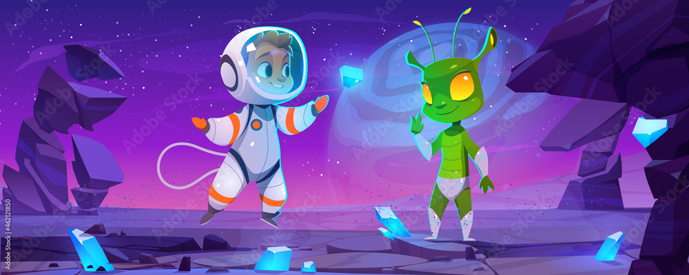 Cute spaceman and alien characters on planet at night. Vector cartoon landscape with rocks, blue crystals, stars in sky, boy astronaut in spacesuit and green extraterrestrial - obrazy, fototapety, plakaty 