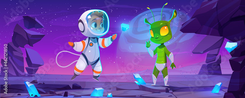 Cute spaceman and alien characters on planet at night. Vector cartoon landscape with rocks, blue crystals, stars in sky, boy astronaut in spacesuit and green extraterrestrial