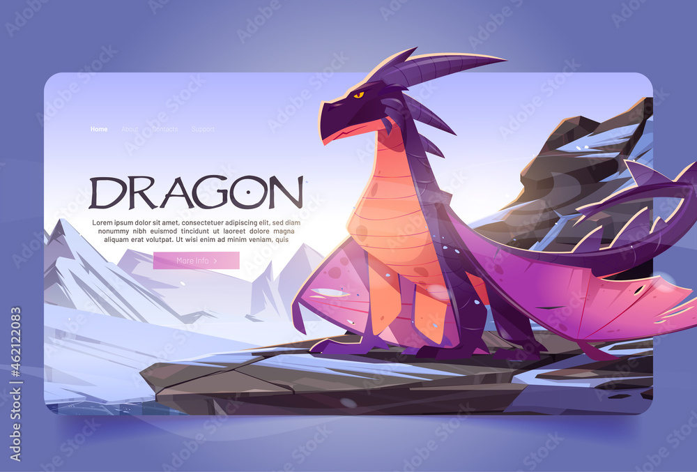 Dragon at winter mountains cartoon landing page. Magic character sitting on rock at snowy landscape background. Cartoon fantasy character, fairytale game, fantasy movie or book Vector web banner - obrazy, fototapety, plakaty 
