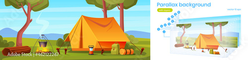 Parallax background camping tent with tourist stuff in forest 2d landscape. Traveler camp at nature view with green trees. Cartoon for animation with separated layers, game scene Vector template