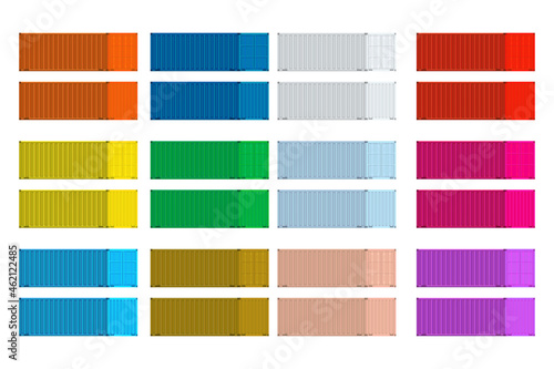 Colorful cargo containers set perspective view. Flat and solid color vector illustration.