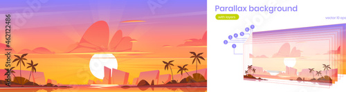Sunset sky in ocean parallax background, tropical island 2d landscape. Beautiful cartoon nature scenery view with sea, rocks and dusk sky separated layers for animation game scene Vector illustration