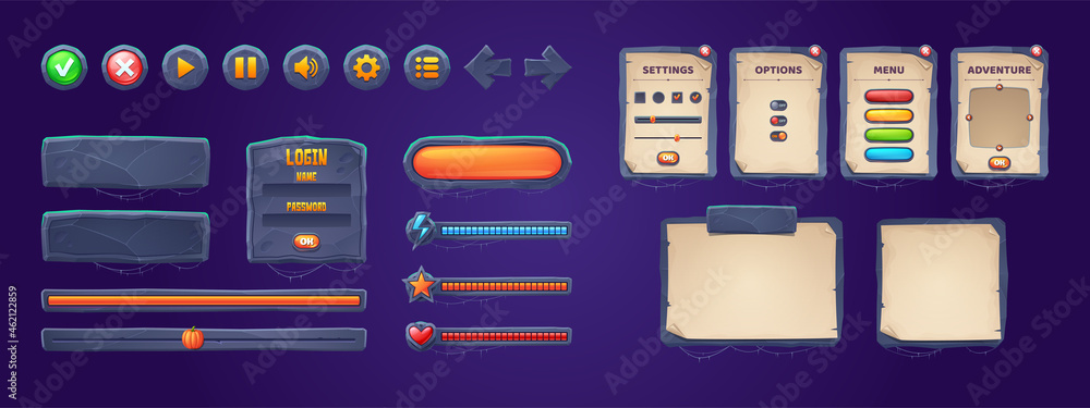 Set of game stone frames, bars, ui scrolls, boards with antique parchments and menu buttons. Cartoon interface elements, empty borders with banners, ui or gui design scales, keys, user panel settings - obrazy, fototapety, plakaty 