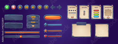 Set of game stone frames, bars, ui scrolls, boards with antique parchments and menu buttons. Cartoon interface elements, empty borders with banners, ui or gui design scales, keys, user panel settings