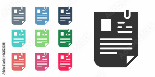 Black Resume icon isolated on white background. CV application. Searching professional staff. Analyzing personnel resume. Set icons colorful. Vector