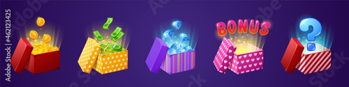 Gift box with bonus, money coins and bills, diamonds and mystery present with question sign. 3d objects in colorful wrapping paper and bows. Game, draw, casino award isolated Cartoon vector icons set