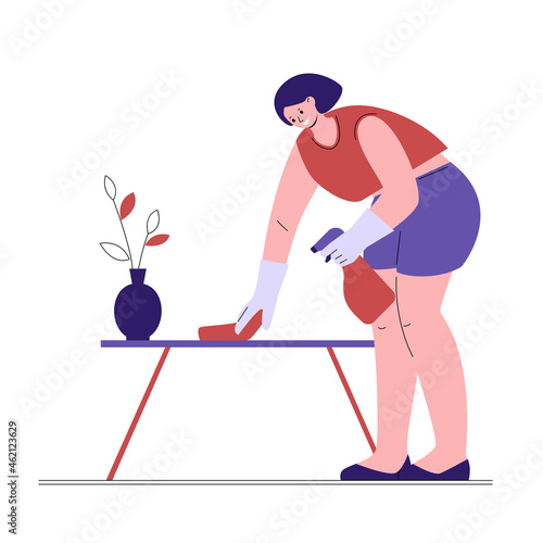 Housewife housekeeper woman cleaning the house wipes dust from the table. Vector illustration in flat style.