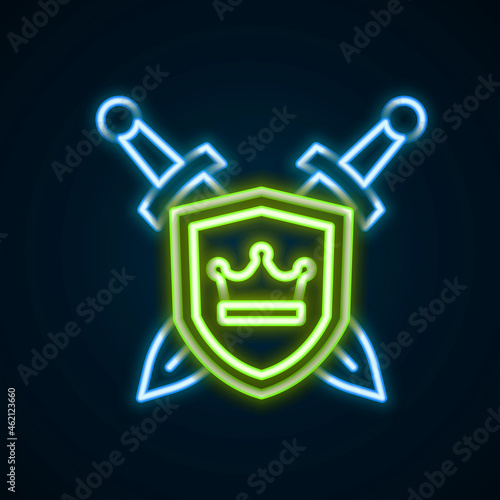 Glowing neon line Medieval shield with crossed swords icon isolated on black background. Colorful outline concept. Vector