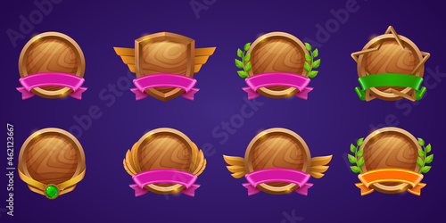 Set of game level ui icons, empty wooden shields with banners, wings or star shape and laurel wreaths, isolated award frames or bonus graphic elements, reward, trophy achievement and prize for rpg